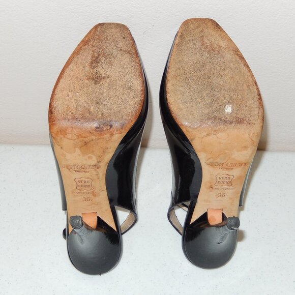 Jimmy Choo 36 6 Black Patent Peeptoe Slingback Heels Shoes Pumps Authentic - Picture 10 of 11